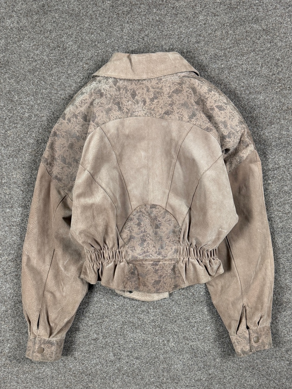 Vintage Chia Taupe Tan Suede Leather Cropped Peplum Bomber Jacket Women’s Small - Picture 3 of 10